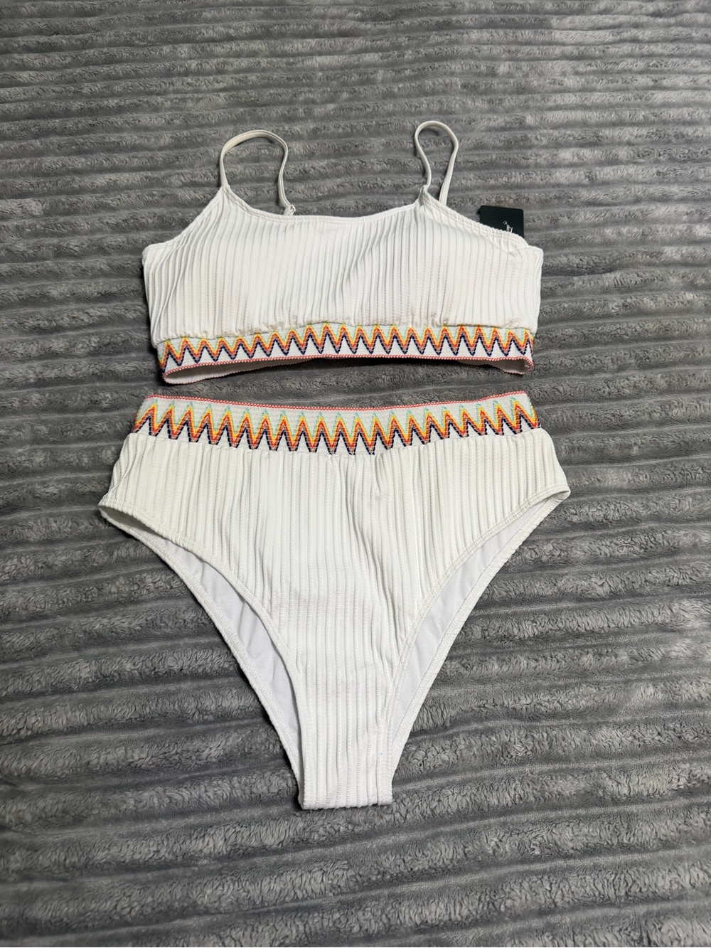 White Ribbed Two-Piece Set with Multicolor Chevron Trim